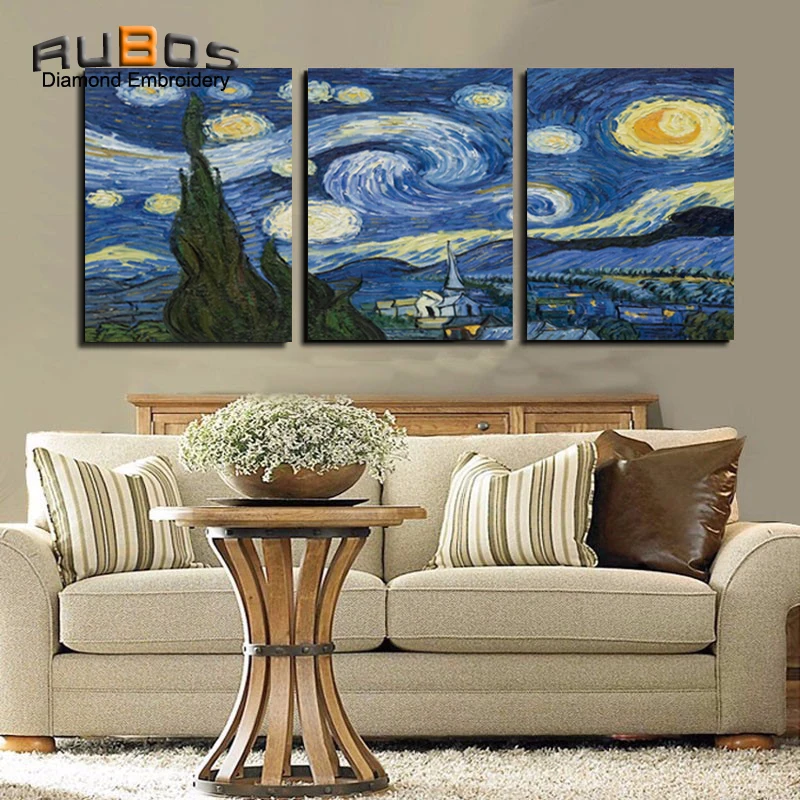 

RUBOS DIY 5D diamond embroidery Van Gogh triptych diamond painting wall modular picture needlework The Starry Night art crafts