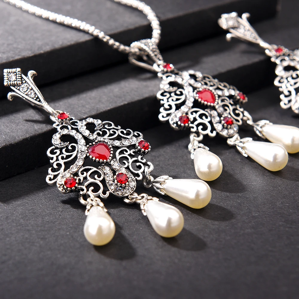 

Ethnic Jewelry Sets Big Hook Earrings Necklace Set Turkish Vintage Silver Color Bijoux Arab Bride Crystal Resin Pears Jewellry