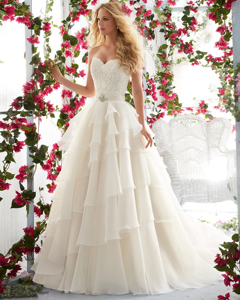 Lace Appliques On Asymmetrically Tiered Organza Ball Gown