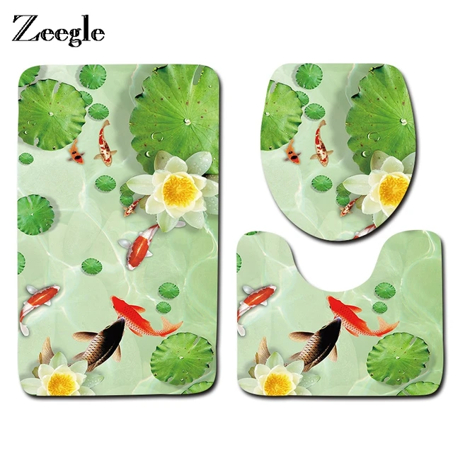 Zeegle 3D Fish Printed Bathroom Carpets 3 Pieces Anti-slip Rug In The Toilet Washable Pedestal Rug Lid Toilet Cover Bath Mats