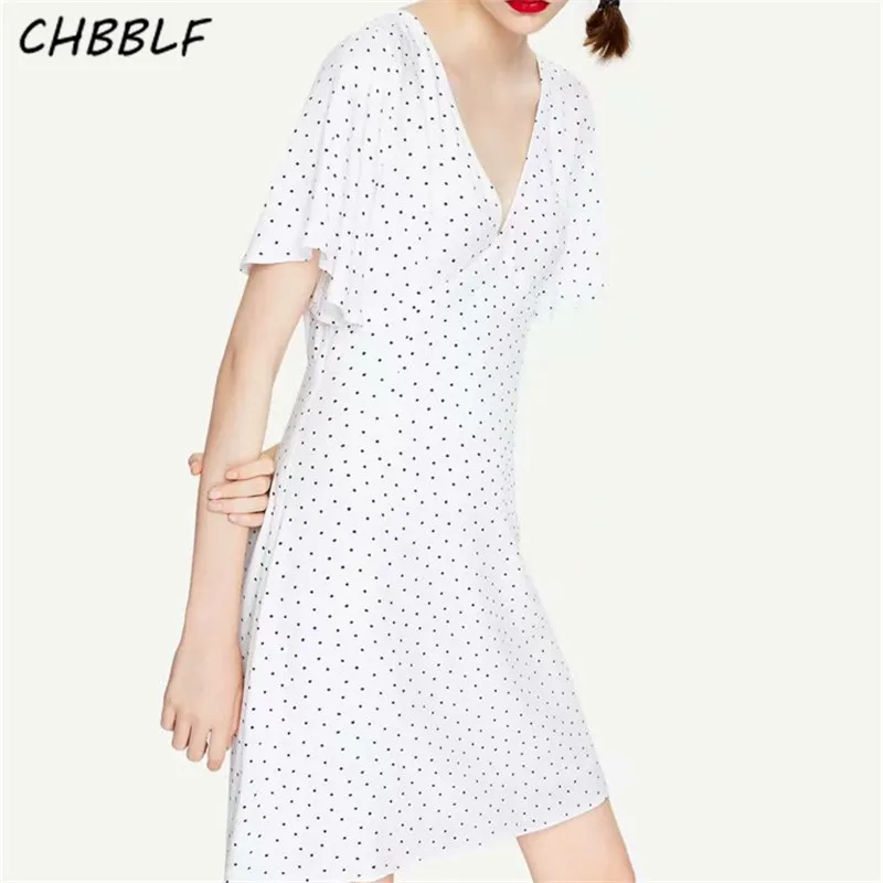 CHBBLF women sweet dot print dress V neck short sleeve ladies cute mini ...