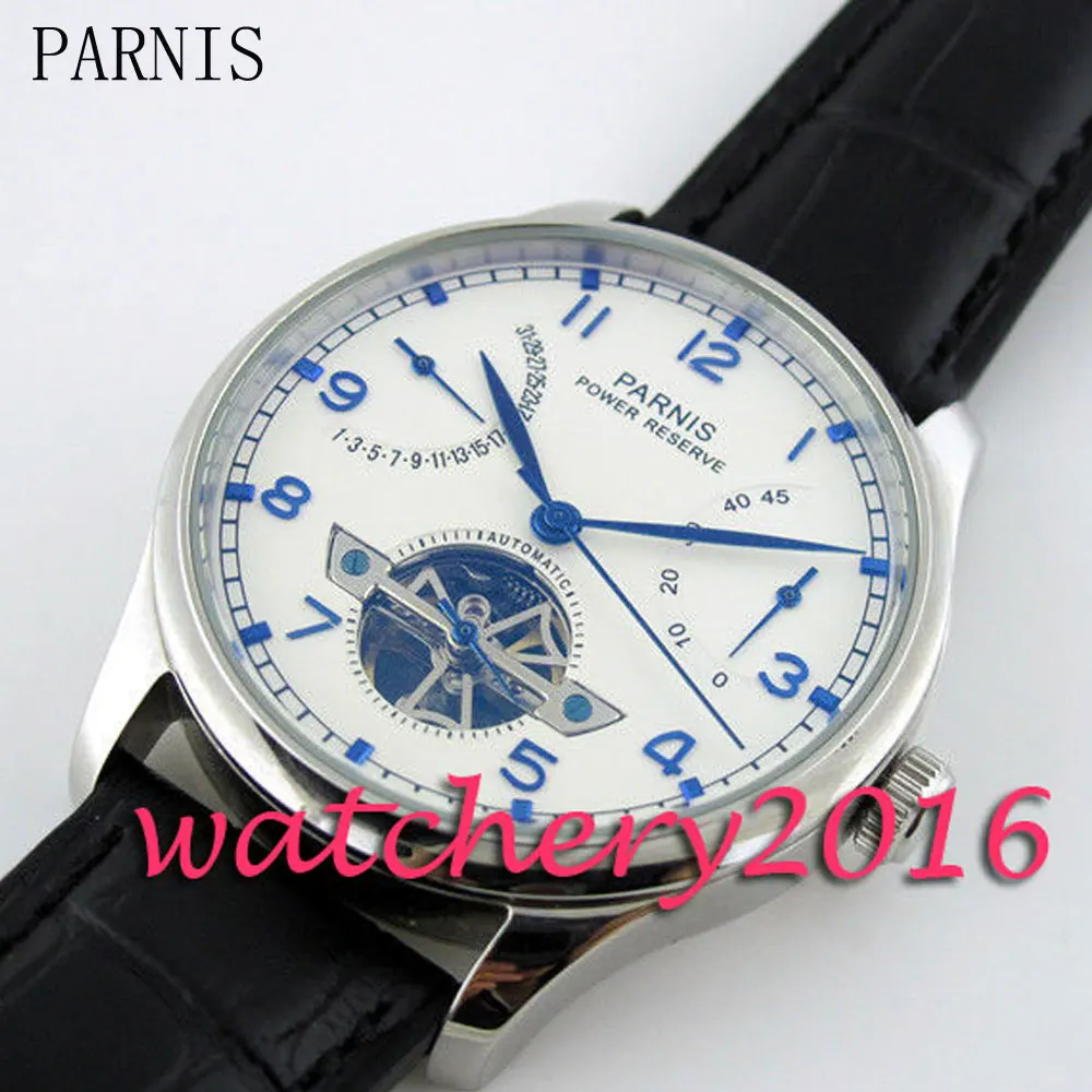 

Luxury Parnis 43mm white dial blue markers date adjust power reserve ST Automatic movement men's Watch