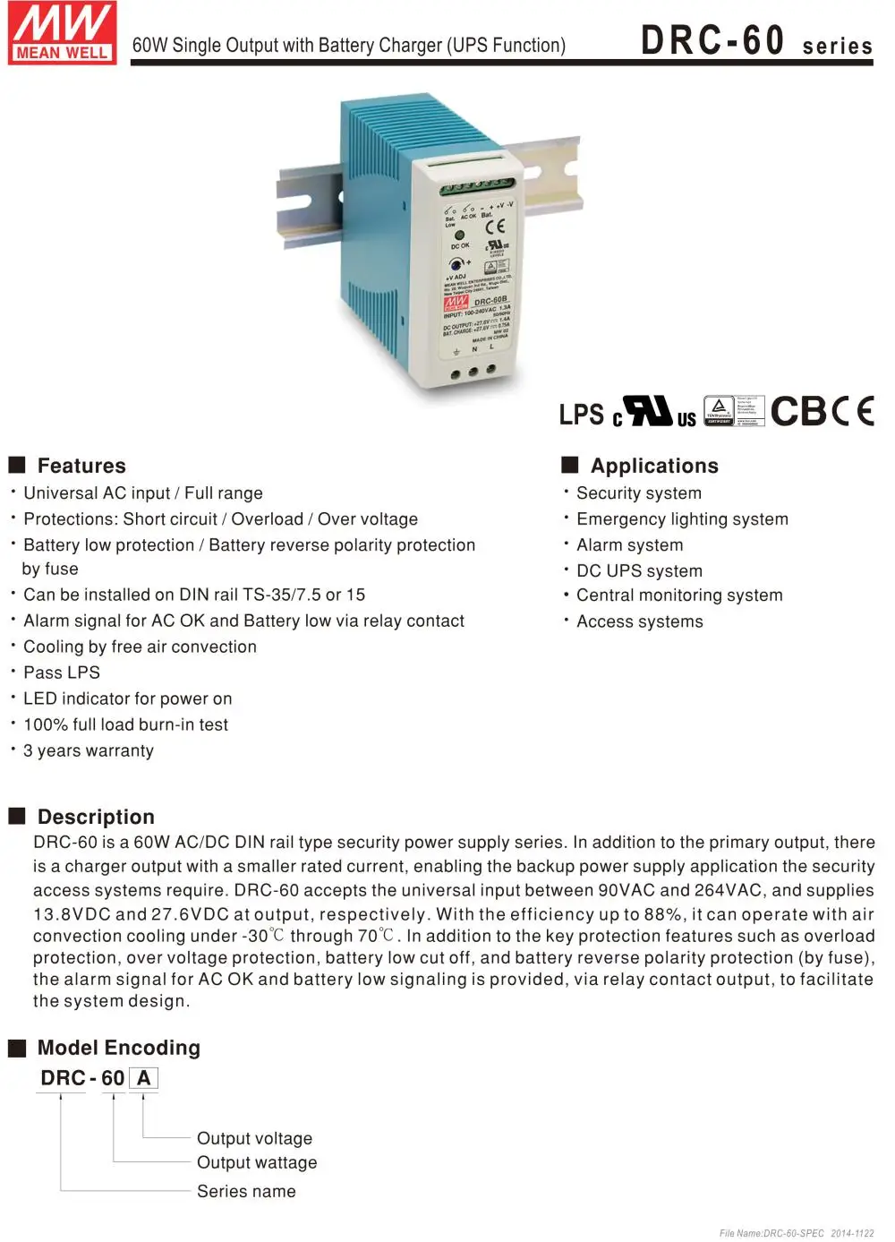 1 упаковка) Meanwell 60W Мониторинг безопасности источник питания DRC-60A/60B 13,8 V/27,6 V 0,75/1.4A 1,5/2.8A DC din-рейка поплавок зарядки/UPS