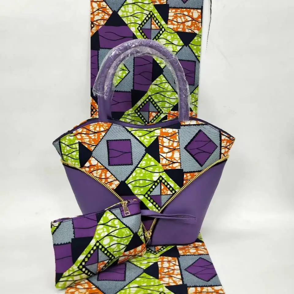 

6Yards New fashion colorful wax and nice printed pattern african big handbag set for party VB7