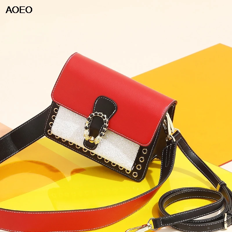 

AOEO Shoulder Bag Women Contrast Color Rivet Rhinestone Lady Crossbody Bags Free Wide Narrow Shoulder Strap Girls Messenger Bag