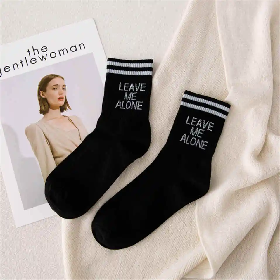Женские носки в полоску с буквенным принтом Leave Me Alone, хлопковые Дышащие носки, Chaussettes Femme, носки для скейтборда в стиле хип-хоп
