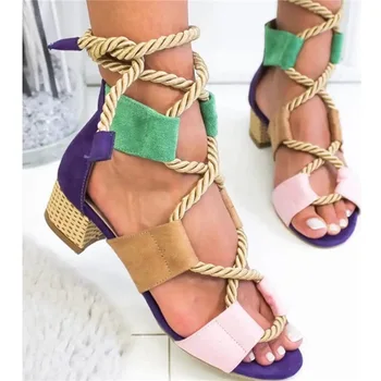 

2020 Summer Sandals Big size 43 Women Sandals Mixed Color Lace up Square Low Heels Shoes Gladiator Hemp Rope Casual Shoe Female