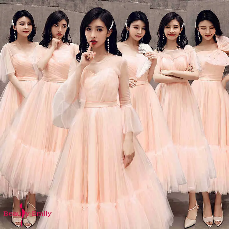 

Beauty Emily 6 Styles Bridesmaid Dresses Lace O Neck Tulle Party Gowns For Wedding Pleated Prom Gowns Vestido de dama de honor