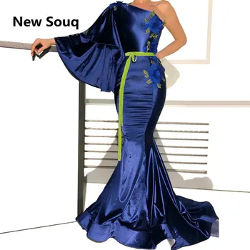 

Simple One Shoulder Mermaid Evening Dresses 3D Floral Applique Prom Dress Sweep Train Long Party Gown
