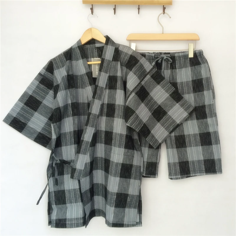 Для мужчин хлопок кимоно в клетку Халат короткий халат для с брюки девочек двойной слои марли спортивный костюм домашняя одежда