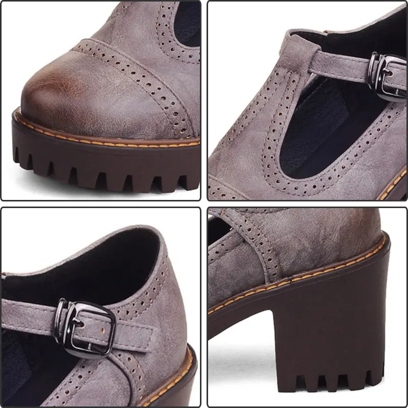 Fanyuan/винтажная женская обувь с круглым носком; женские туфли-лодочки на высоком каблуке в римском стиле; обувь на квадратном каблуке с пряжкой; Женские однотонные туфли на шпильке с Т-образным ремешком