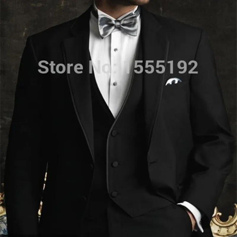 2017 Notch 2 Button Black Groom Tuxedos Jacket+Pant+Vest Wedding Suit For Men Designers Tailored