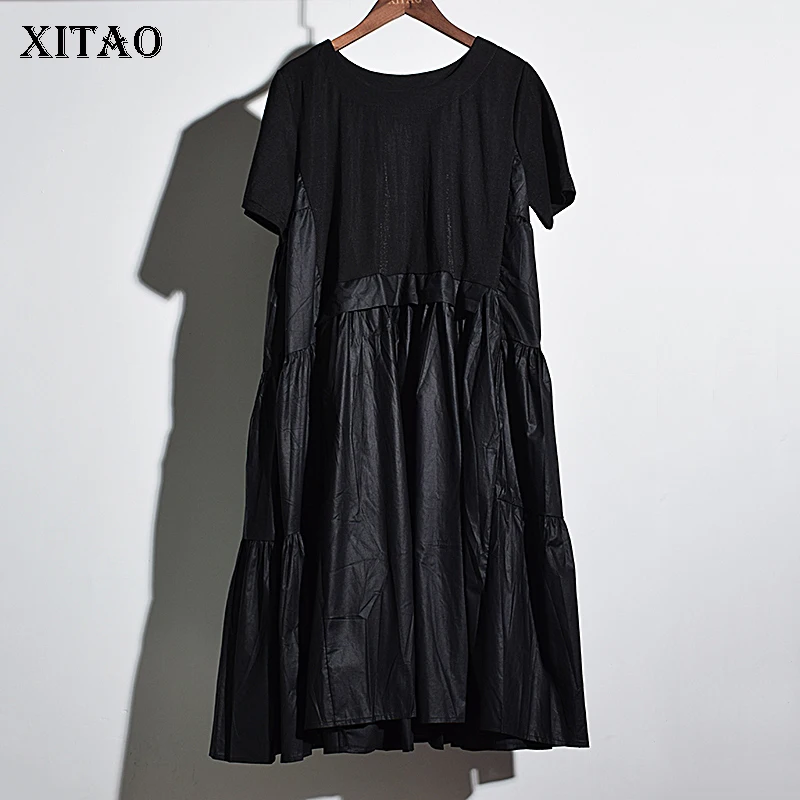 

[XITAO] 2018 Summer Europe Casual Women Solid Color Patchwork Loose Dress Female Short Sleeve Mid-Calf Pullover Dress KZH2272