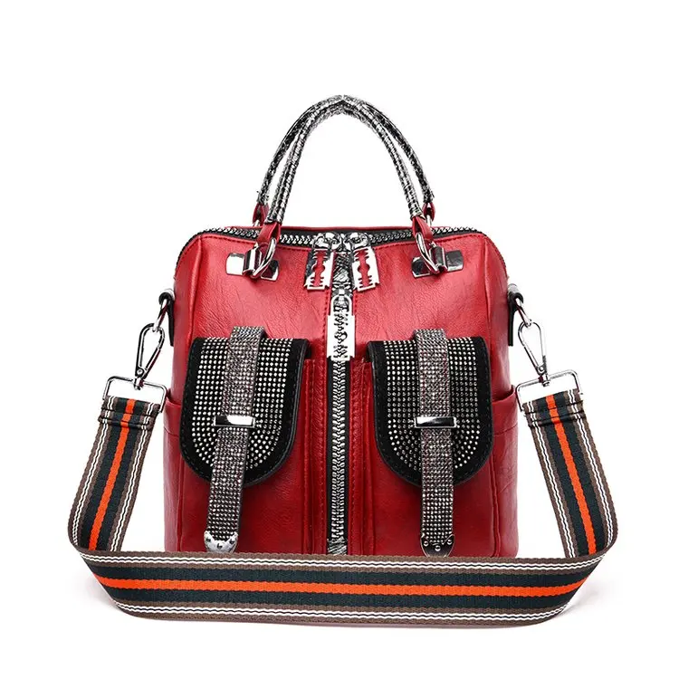 Женский многофункциональный черный роскошный рюкзак с кристаллами, женский кожаный рюкзак на молнии в стиле панк, женский модный рюкзак, трендовый рюкзак - Цвет: red
