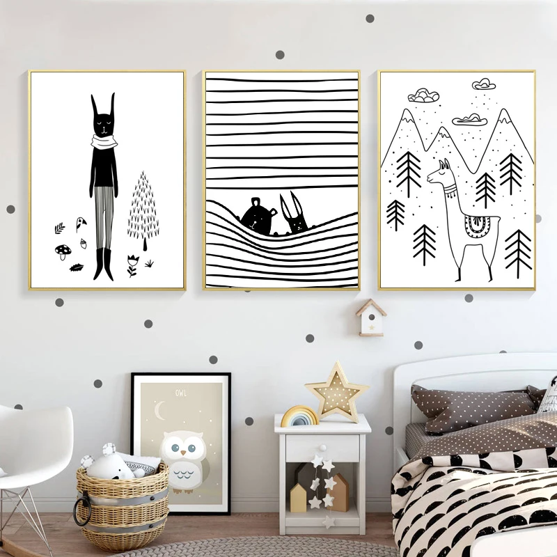 

Nordic Black White Posters and Prints Tree Fox Cat Mouse Bear Rabbit Wall Art Canvas Painting Pictures for Baby Kids Room Decor