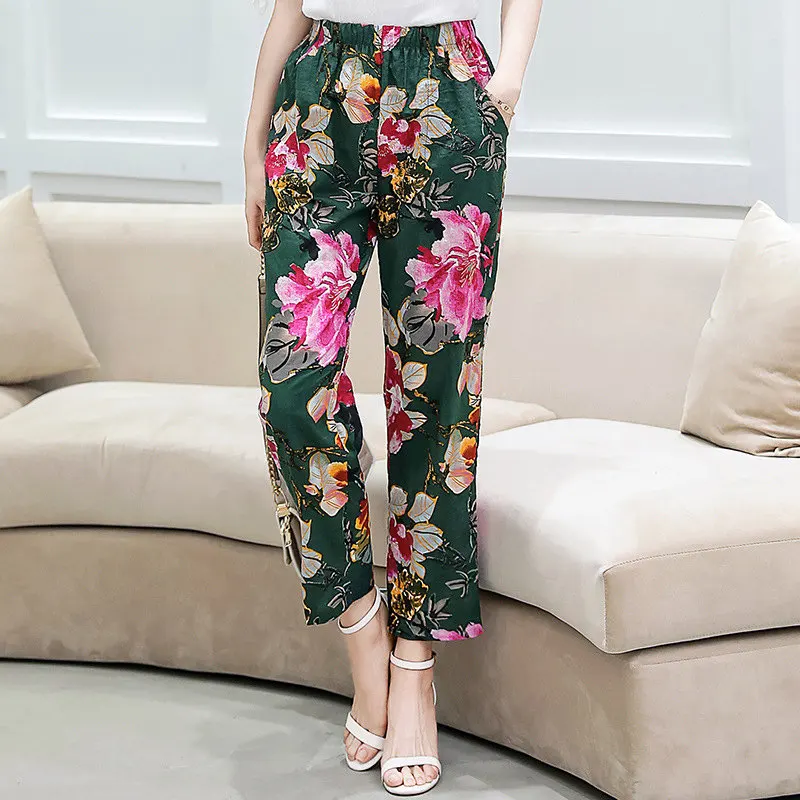 Летние женские брюки корейские хлопковые льняные клетчатые брюки с эластичной талией повседневные Прямые брюки с высокой талией брюки размера плюс XL-5XL - Цвет: 15