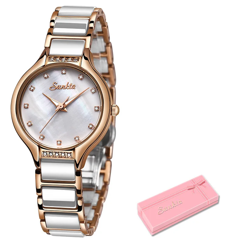 SUNKTA New Rose Gold Ladies Ceramic Watch Women Top Brand Luxury Watch Fashion Simple Waterproof Women Watches Relogio Feminino - Цвет: Rose gold white