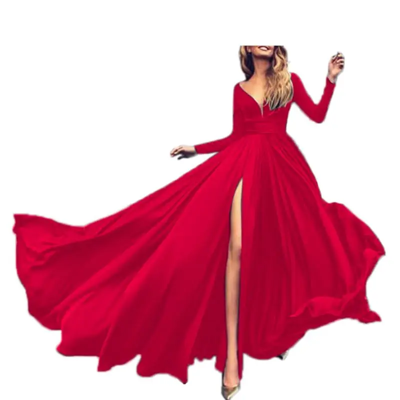 

Womens Long Sleeve Maxi Flowy Dress Deep V-Neck High Split Empire Waist Evening Party D