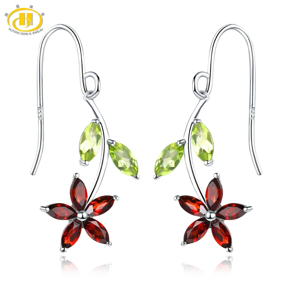 

Hutang Stone Jewelry Natural Gemstone Peridot Garnet Solid 925 Sterling Silver Earrings Spring Fine Fashion Jewelry For Gift New