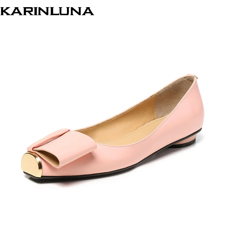 

Karinluna Brand New Square Toe Genuine Leather Bowtie Metal Decoration Shoes Woman Casual Spring Flats Big Size 33-43