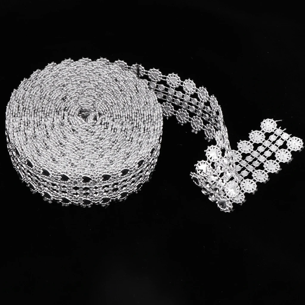 5 Yards Bling Diamond Wrap Ribbon Silver Rhinestone Mesh Roll Tape Tulle Crystal Ribbon for DIY Cake Wedding Decoration Favors