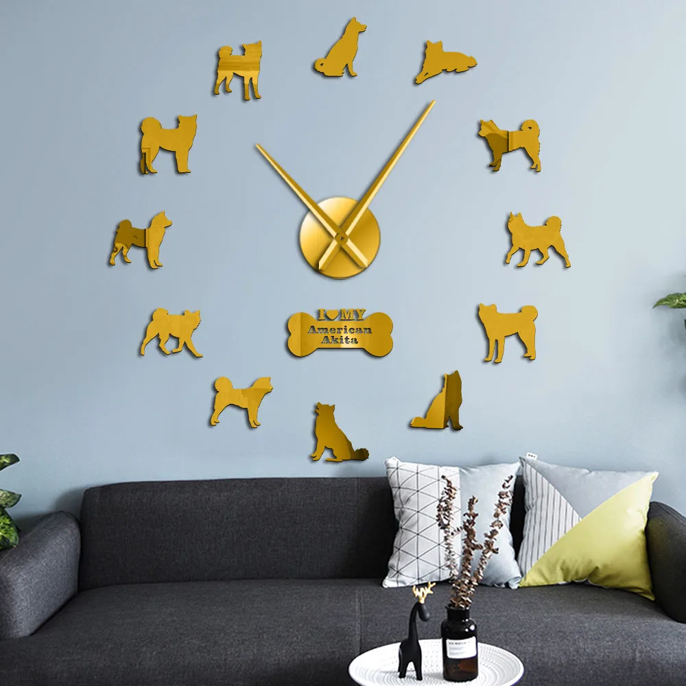 

American Akita Dog Breed Wall Clock American Hakita Puppies Silhouette Wall Art Stickers Frameless DIY Large Clock Wall Watch