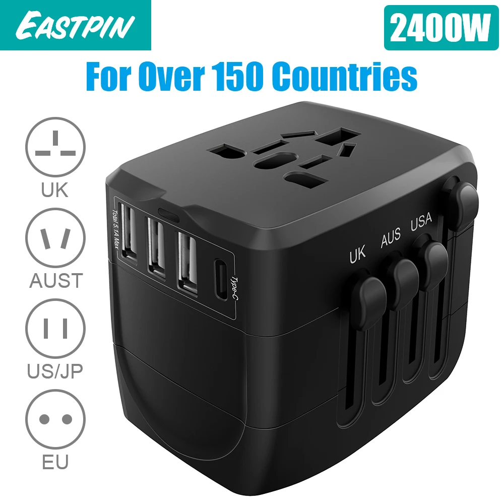 

2400W International Travel Power Adapter, Universal 1 Smart Type-C&3 USB All in One Power Plug Adapter charger for XIAOMI HUAWEI