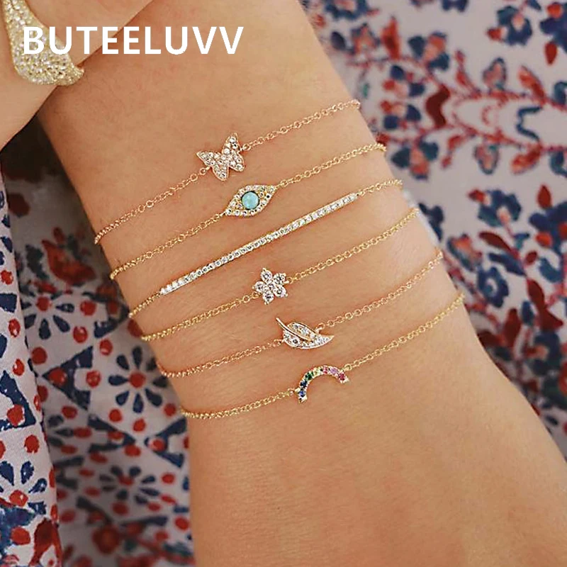 

BUTEELUVV 6 pcs/set Butterfly Flower Charm Bracelets Minimalist Elegant Rhinestones Colorful Rainbow Chain Bracelets for Women
