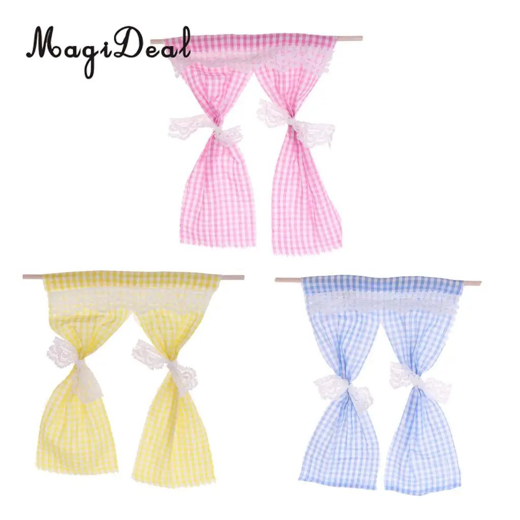 Dollhouse Miniatures Cute Lattice and Lace Pink Cotton Curtain for 1/12 Scale Dolls House Bedroom Furniture Decor Acc 3Colors