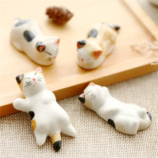 Cute Japan Lucky Cats Kitten Chopsticks Stand Rest Ceramic Figure Toys 6pcs - 4