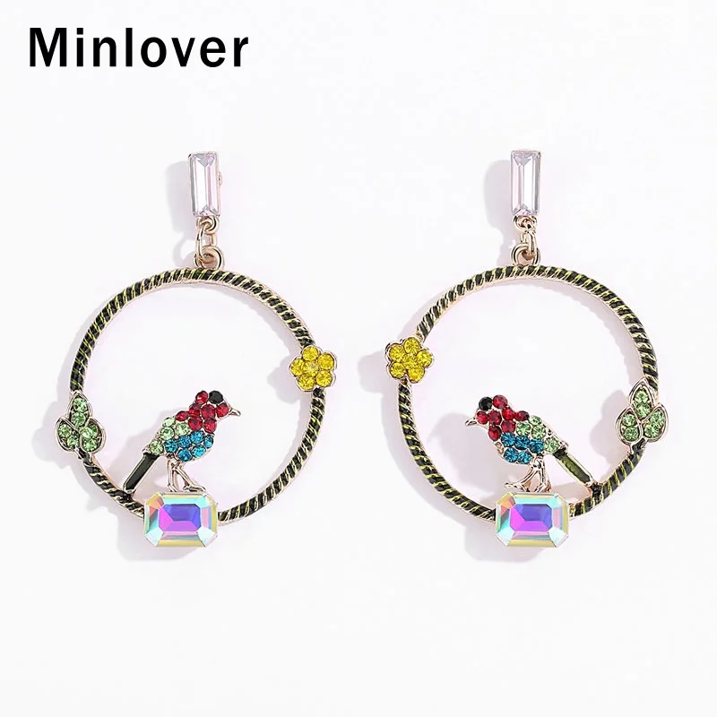 

Minlover Spring Cute Flower Bird Round Circle Dangle Drop Earrings for Women Romantic Multicolor Crystal Ethnic Earrings MEH1471