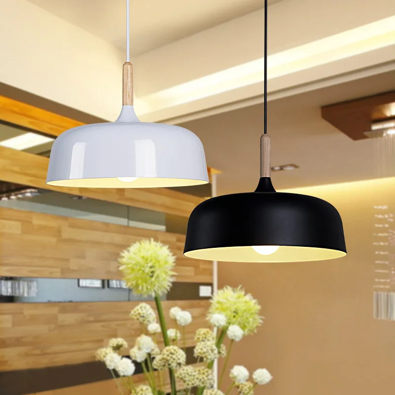 

Modern Pendant Light Wood Aluminum Lamp E27 Socket Loft Style Hanging Light Black/White Lampshade 320mm WPL149