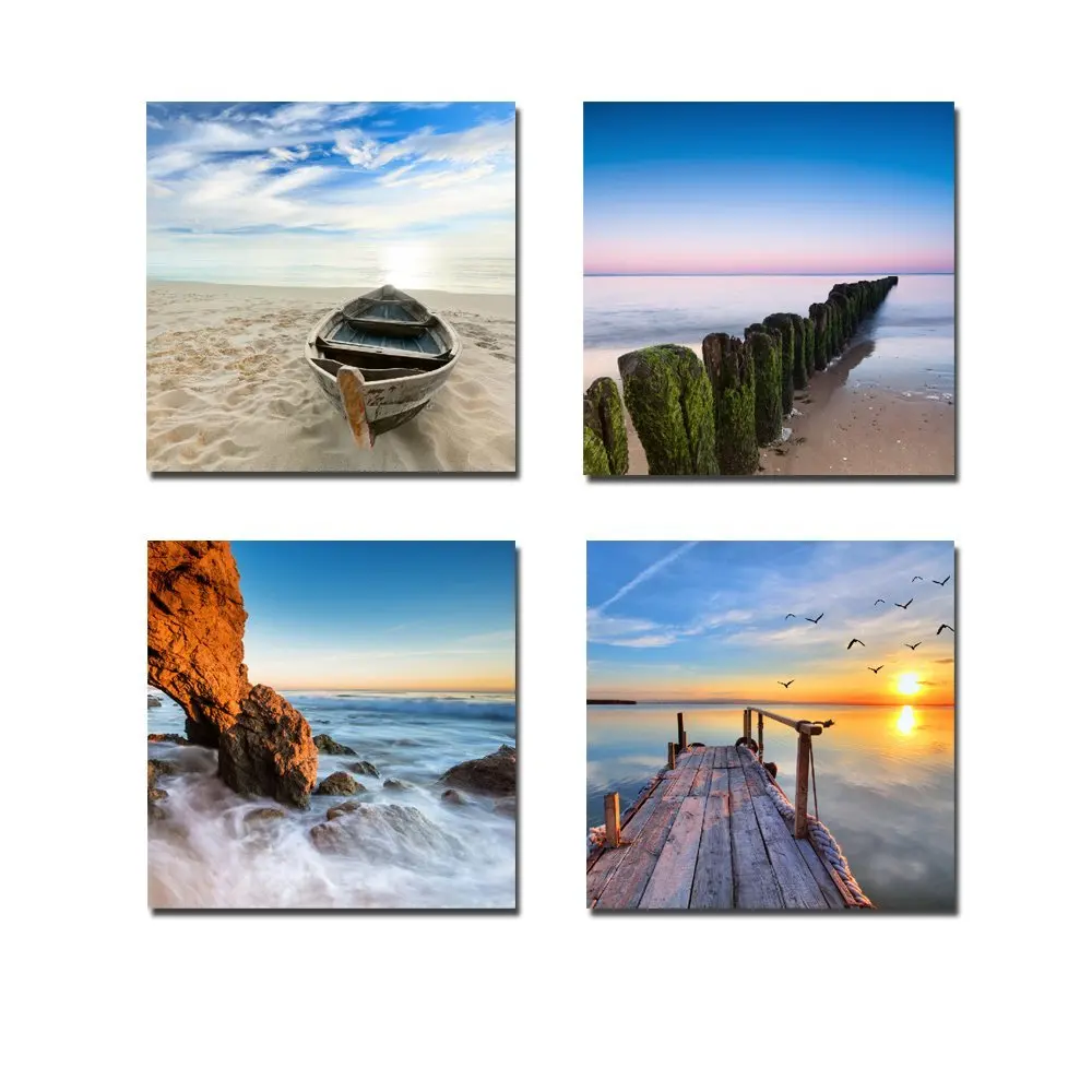 

Best Art 4 Panel Modern Printed Beach Boat Sand Picture On Canvas Kicthen Decor Cuadros Landscape For Living Room Home Decor