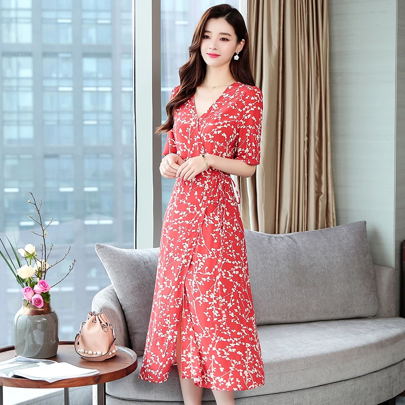 Women Summer Print Slim Long Red Dress Office Bodycon Elegant Vacation Midi Lady Dress Female Vintage Runway Korean Dress New