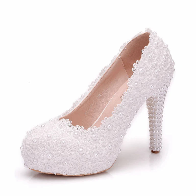 

2019 Pearls Crystal Flower Wedding Shoes Bride White Pearls Handmade Proms Dress Platforms Patty Pump Shoes XY-A0314
