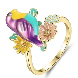 ONEVAN 2019 новые очаровательные кольца из желтого золота для женщин День рождения ювелирные изделия милый Цвет Цветок Птица кольцо аксессуары