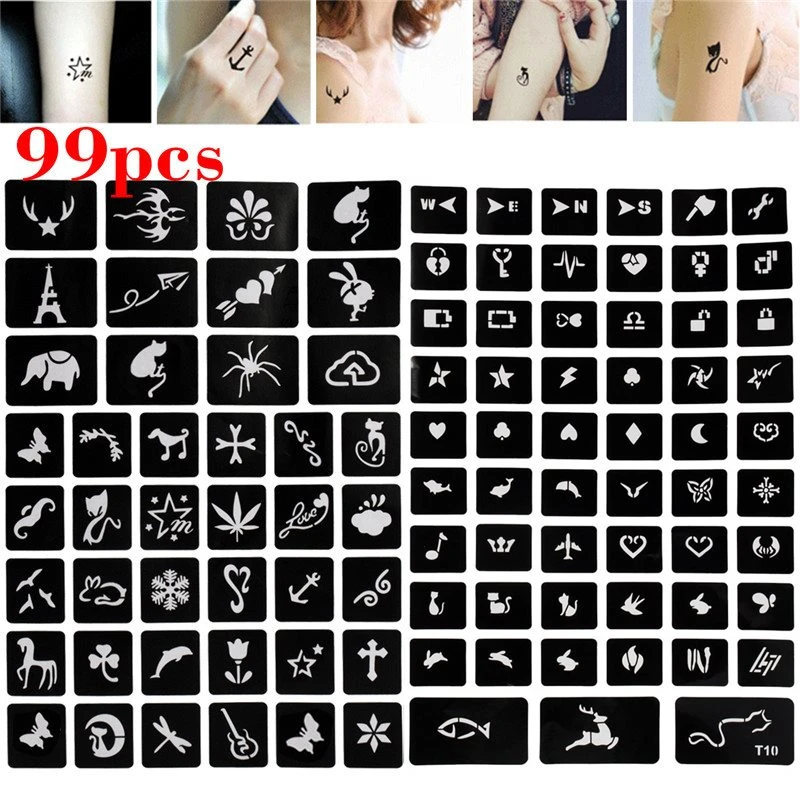 99pcsエアブラシグリッタータトゥーステンシルヘナ中空描画小さなかわいい猫花蝶漫画デザインdiyボディーアートテンプレート Temporary Tattoos Aliexpress