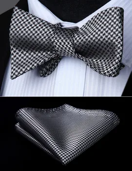 

BG602AS Gray Houndstooth Flower Bowtie Men Butterfly Silk Self Bow Tie handkerchief set
