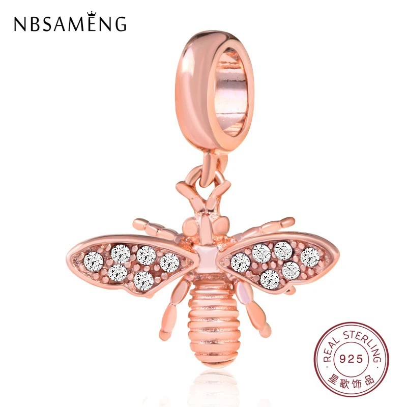 

Real 925 Sterling Silver Bead Rose Gold Honeybee Crystal Pendant Beads Charm Fit Original Pandora Bracelets Women DIY Jewelry