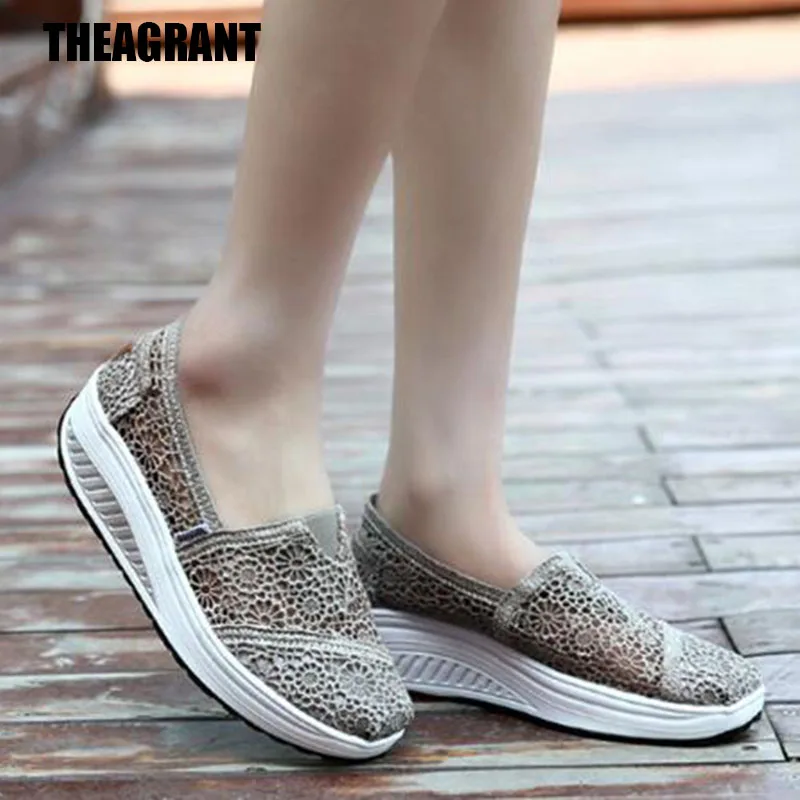 

THEAGRANT Soft Mom Mesh Lace Breathable Women Sneakers Slip On Sandals 2019 Summer Cut Out Platform Walk Shoes Woman WSN3005