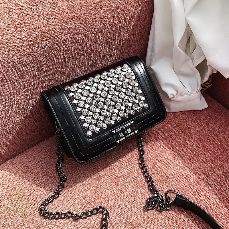 2019 جديد أزياء حزام الكتف الصغيرة صندوق مربع مشرق الماس حزمة النساء Crossbody حقيبة بو الجلود الكتف حقيبة ساعي