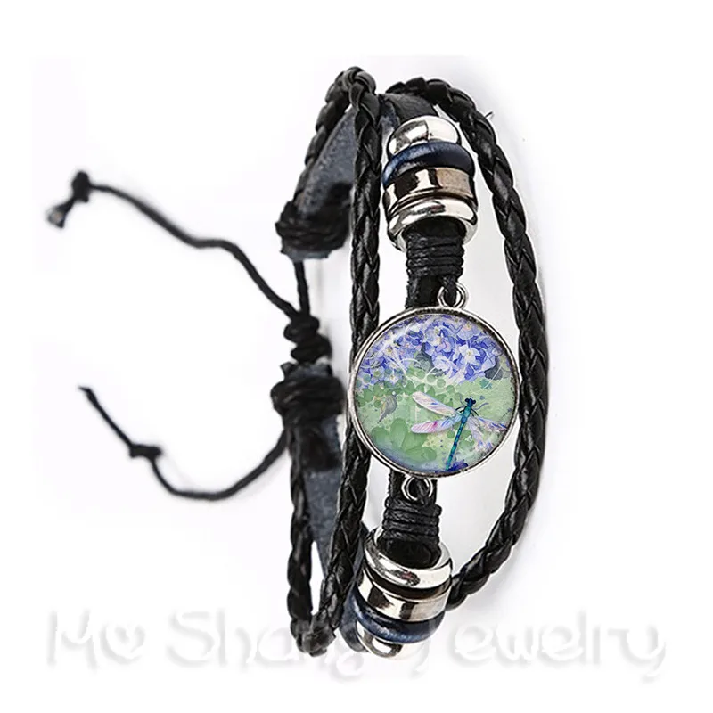 Dragonfly Pattern Classic Bracelet Insect Art Picture Glass Cabochon Dome Black/Brown 2 Color Leather Cords Adjustable Bangle | Украшения и