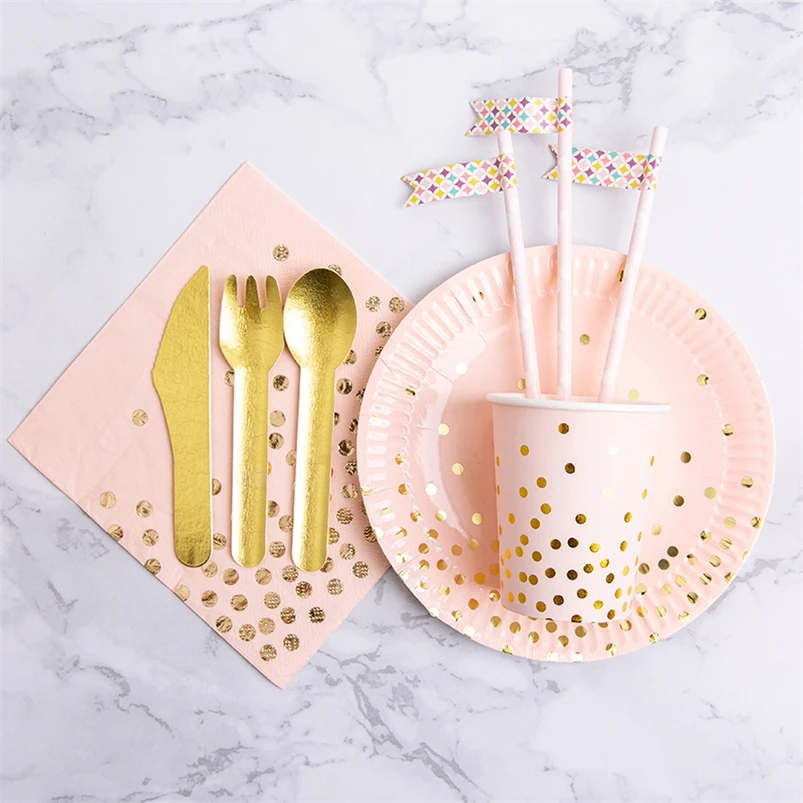 Gold Stars Pink Color Disposable Tableware Set Paper Plates Cups Straws