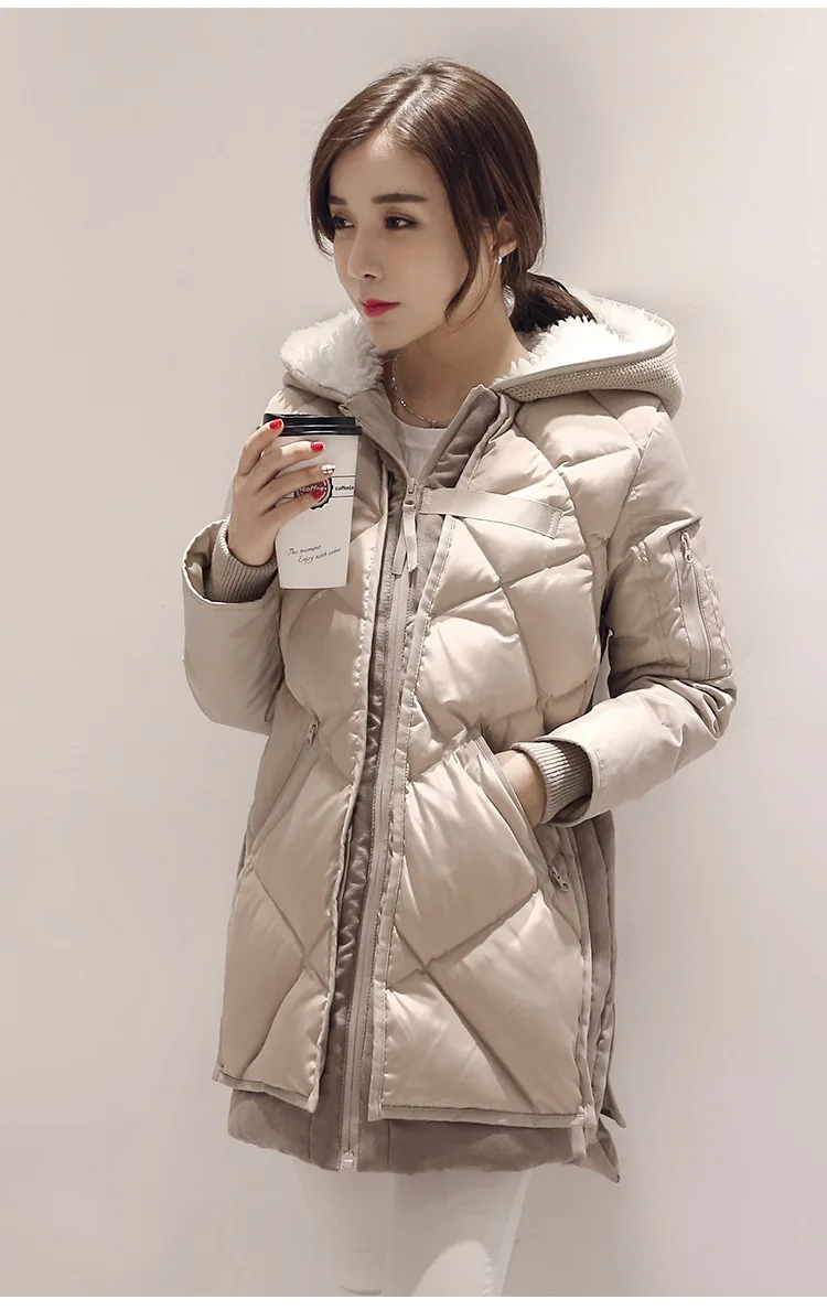 Свободный крой, уплотненный теплый длинный Зимний пуховик для женщин, искусственный мех, с капюшоном, белый утиный пух, куртка,, осень, g9820