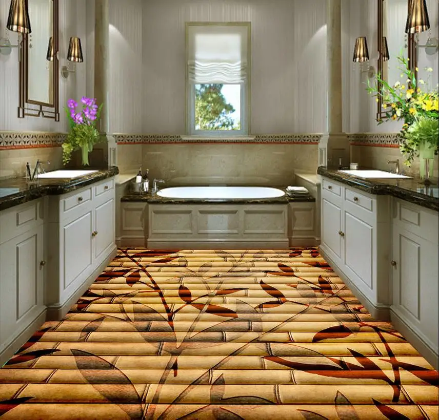 Suelo 3d decoración del hogar flores de bambú piso 3D pvc papel pintado
