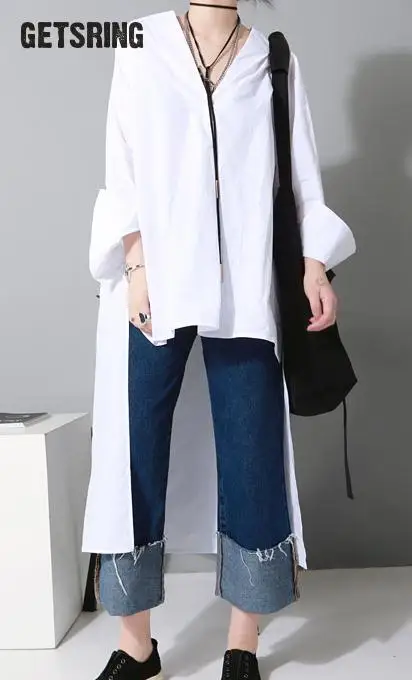 

[GETSRING]New Women Spring Summer Personality Irregular Shirt V Collar Long Cotton Blouse Top
