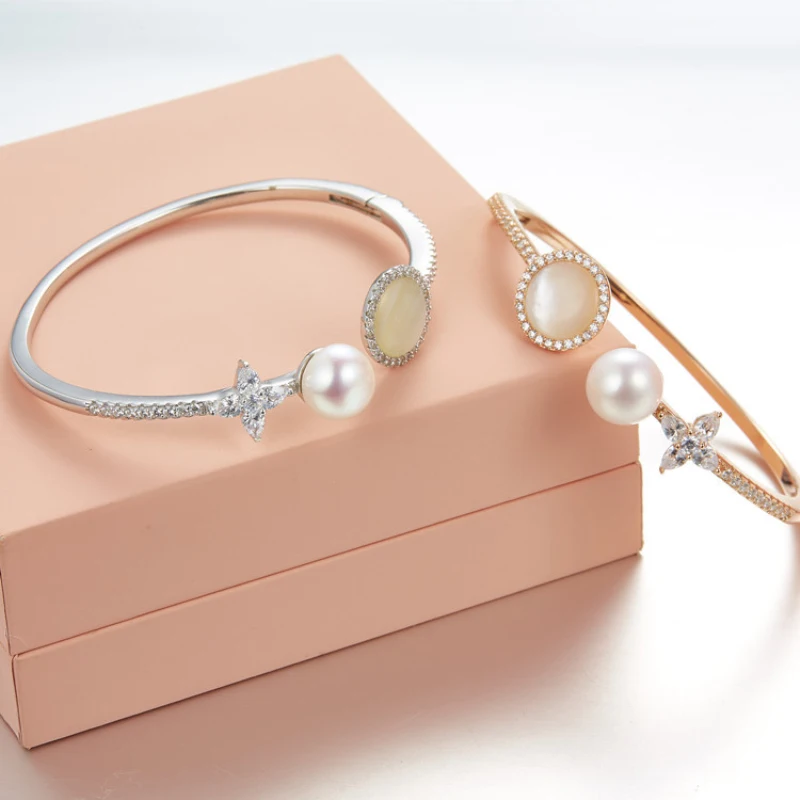 

925 Sterling Silver Inlaid Zircon Star-shaped Shell Pearl Bracelet Fashion Suitable Fit Monaco Jewelry with Women Party Gift