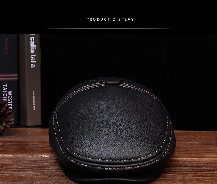 Man Eldly Dad Head Warm Velvet Boina With Line Ear Flap Hats Real Leather Fitted Thicken Beret Caps 11 8