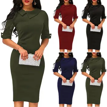 

New Women Ladies Bandage OL New Fashion Peter Pan Collar Bodycon Plain Half Sleeve Work Office Midi Dress
