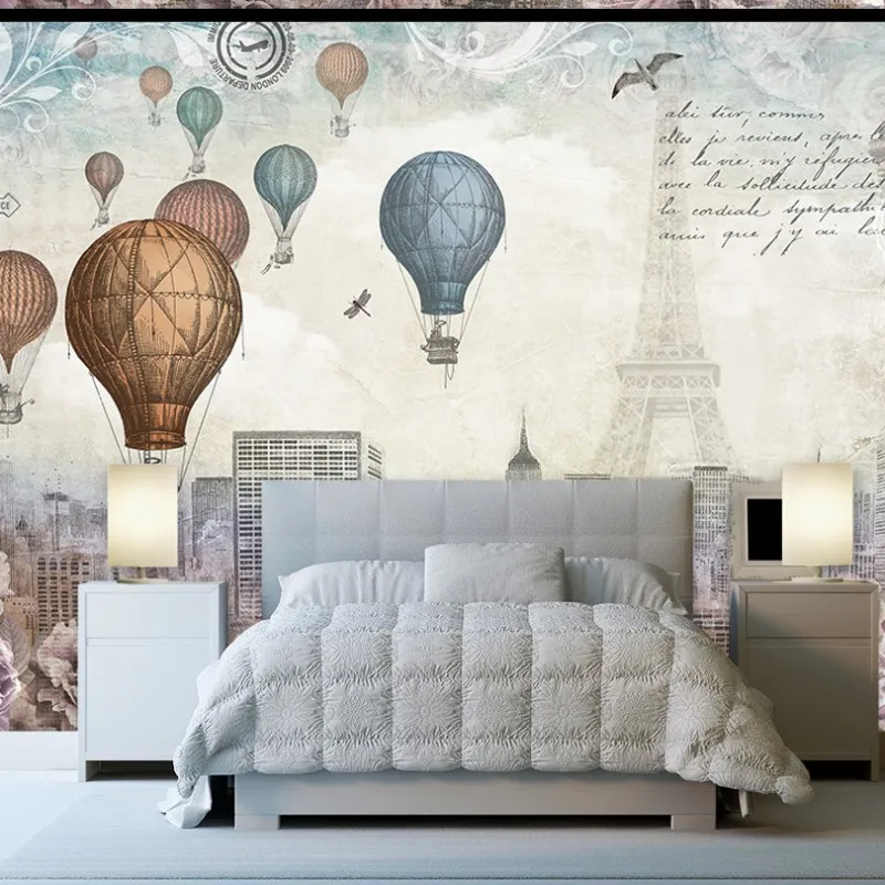 

Free shipping custom wallpapers Retro cartoon British style Hot air balloon background wall murals wallpapers for bed room